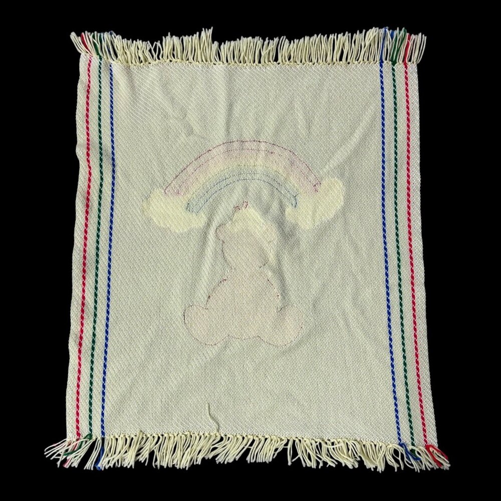 Handmade Baby Blanket Yellow Rainbow Teddy Bear Crocheted Fringe Vintage - Picture 3 of 7